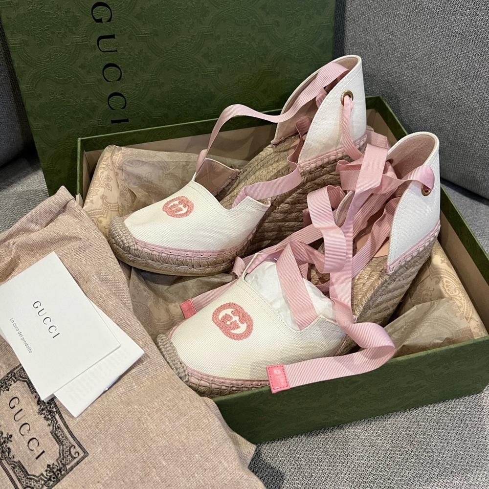 NEW Gucci GG Judie Lace Up Ballerina Espadrille Wedges - Picture 4 of 16